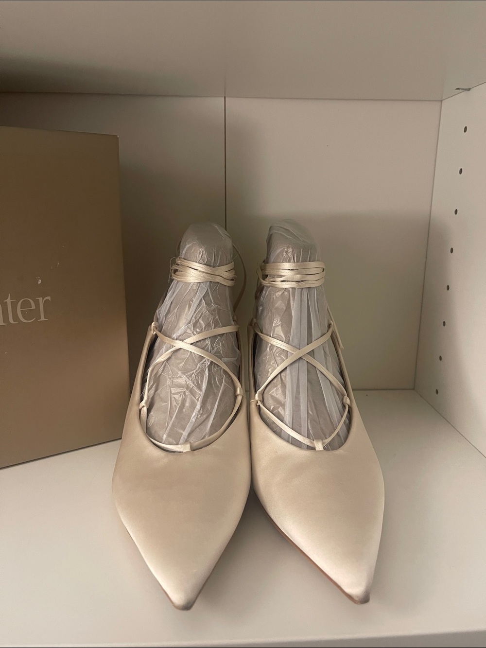 Favorite Daughter Satin Pointed Toe Lace-Up heels in Ivory